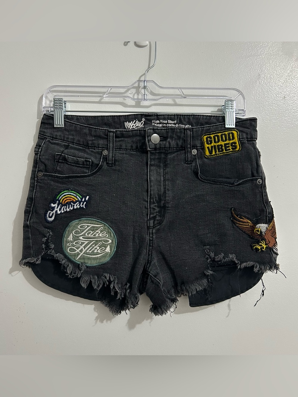 Mossimo High Rise Shorts Black Denim Cut Off Patches Women's Sz 8/29 Frayed